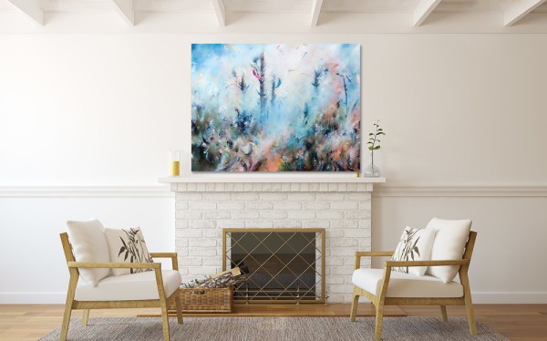 abstract landscape painting above fireplace awkt68