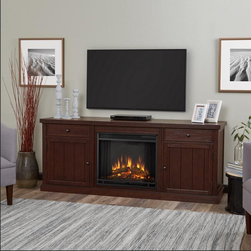 entertainment center with fireplace and refrigerator tv soundbar 805x805