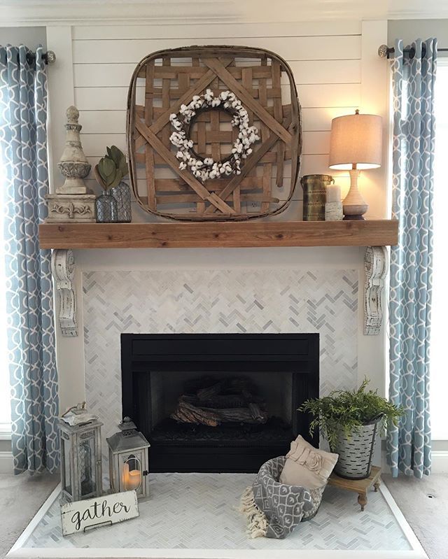 Remodeled fireplace Shiplap wood mantle herringbone tile 0de90d049eb2706a d7fc1544df8