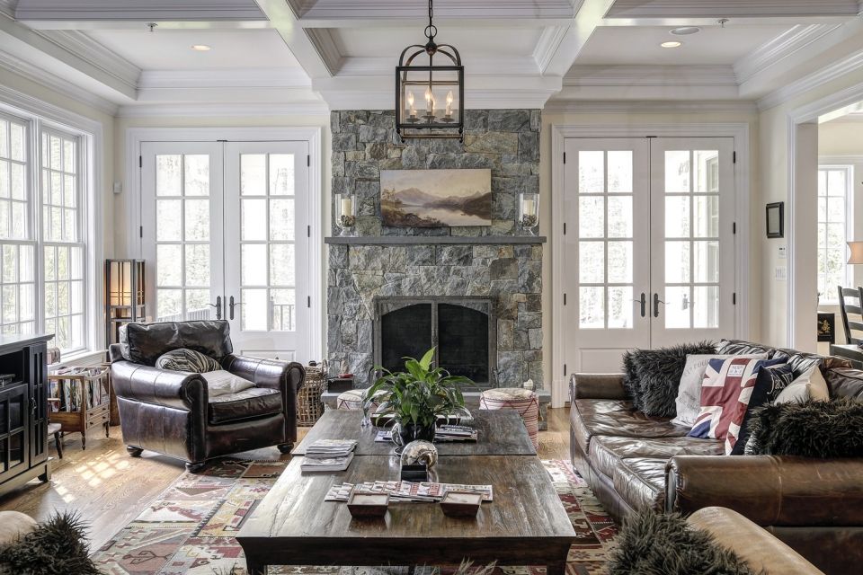 Family Room with Fireplace Awesome Chandalier & Coffered Ceiling Like French Doors On Either