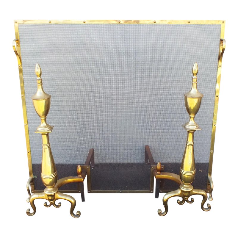 1940s Antique Brass Fireplace Screen & Andirons 3 Pieces 910d4e69f83ed163cc257e2146aed5f4