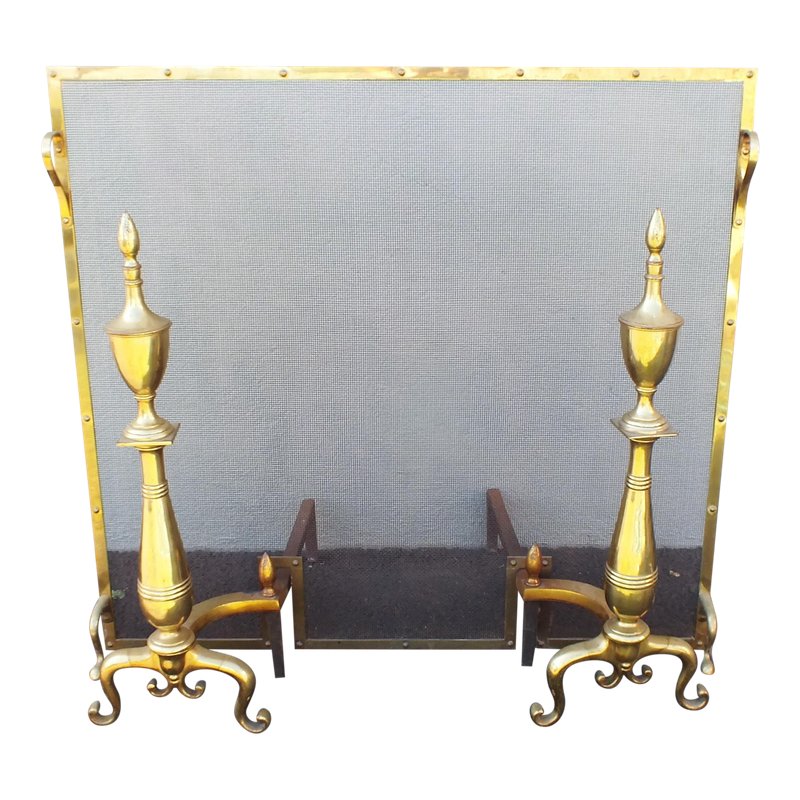 Fireplace andirons Lovely 1940s Antique Brass Fireplace Screen & andirons 3 Pieces