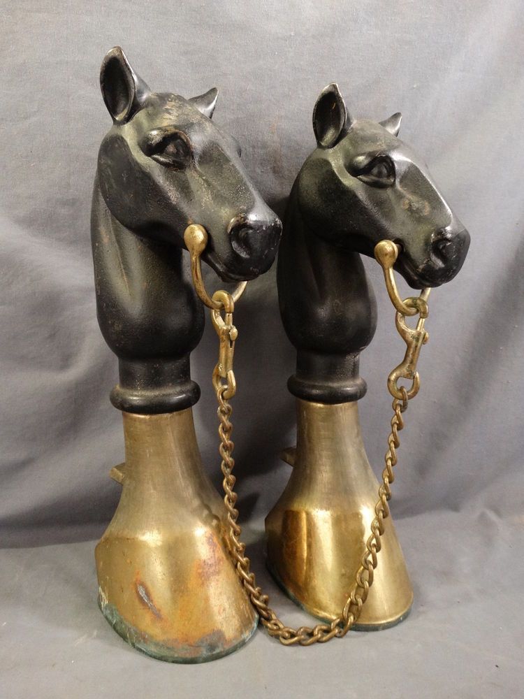 Fireplace andirons Lovely Lg Antique Horse Head Figural Hitching Post Style Fire Dogs