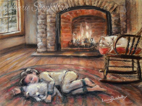 Fireplace Artwork Elegant Boy and Dog Cat Museum Quality Flat Canvas Print Fireplace