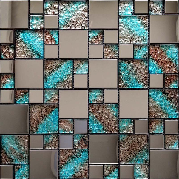 Fireplace Glass Crystals Luxury 2019 European Style Stainless Steel and Blue Brown Foil Crystal Glass Mosaic Tile for Kitchen Backsplash Fireplace Living Room sofa Backdrop From