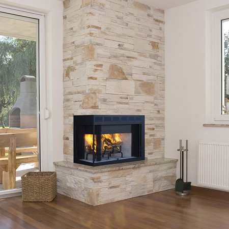 corner wood burning fireplace