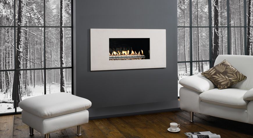 Hole In The Wall Fireplaces Glasgow Paragon P8 Frameless Gas Gazco studio 1 with limestone frame Glasgow
