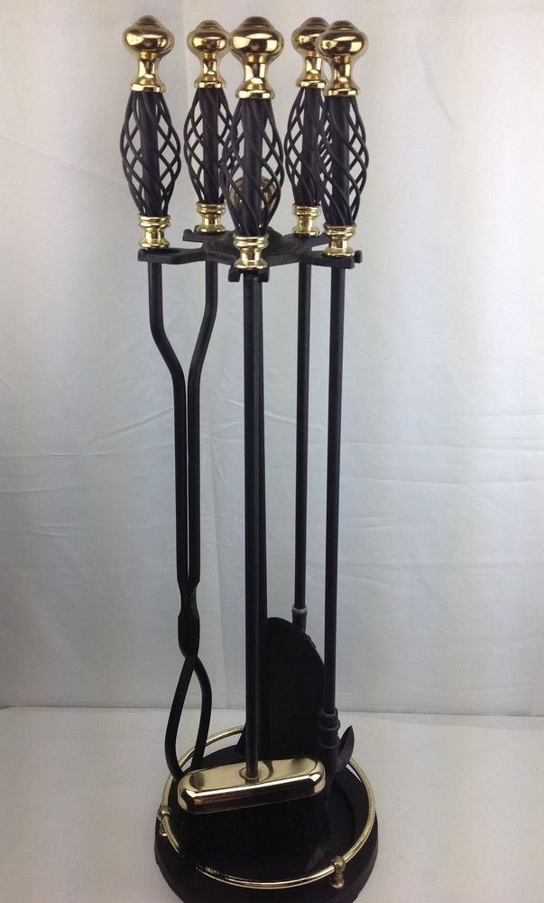 Black Iron & Brass Finish 4pc Fireplace Tool Set w Stand 760d4bb16ed042e39fc7a3dd58b6b9fb