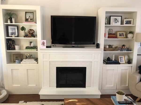 Fireplace Tv Mantle Unique Custom Faux Tiled Fireplace and Mantle with Bookshelves