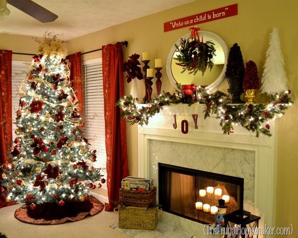 Burgundy and gold Christmas tree and mantel e20da999cb1eef8a8e78bac ae