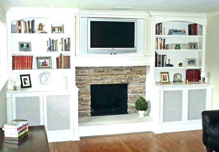 floating shelves on one side of fireplace unique design next to ceiling white