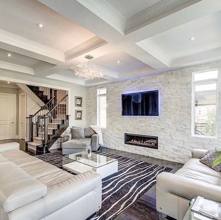 Box beam coffered ceiling and modern stone focal wall are 770d87d944b57c22d ba d4