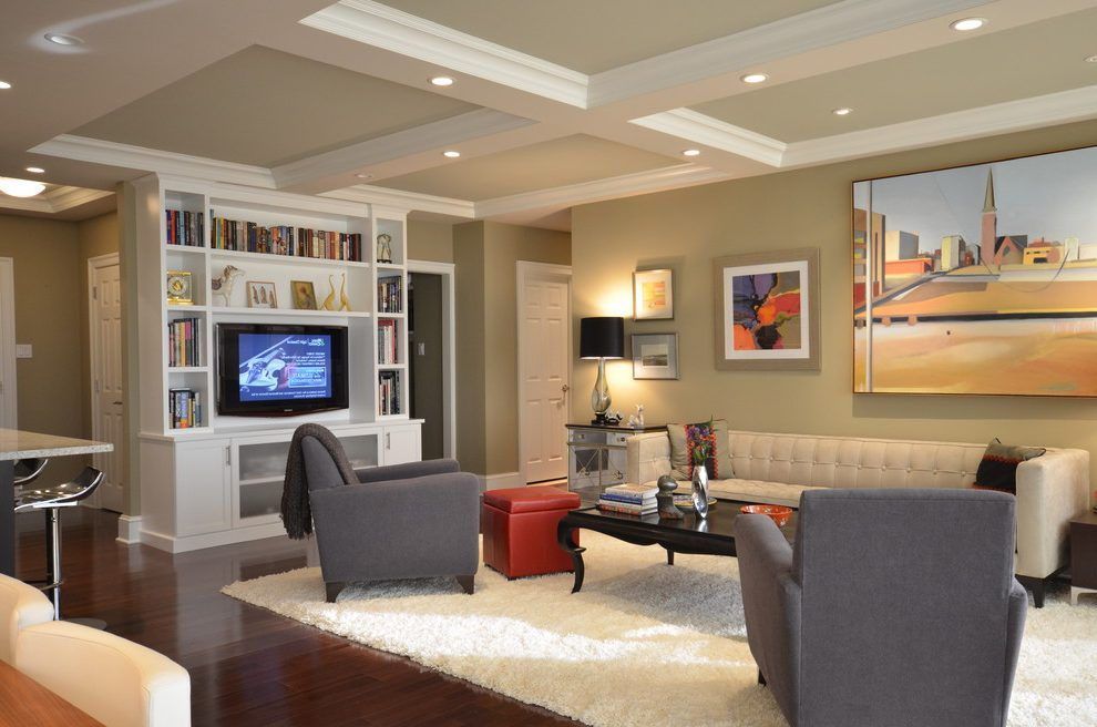 Floor to Ceiling Fireplace Elegant Lighting Coffered Ceiling Living Room Traditional with Dark