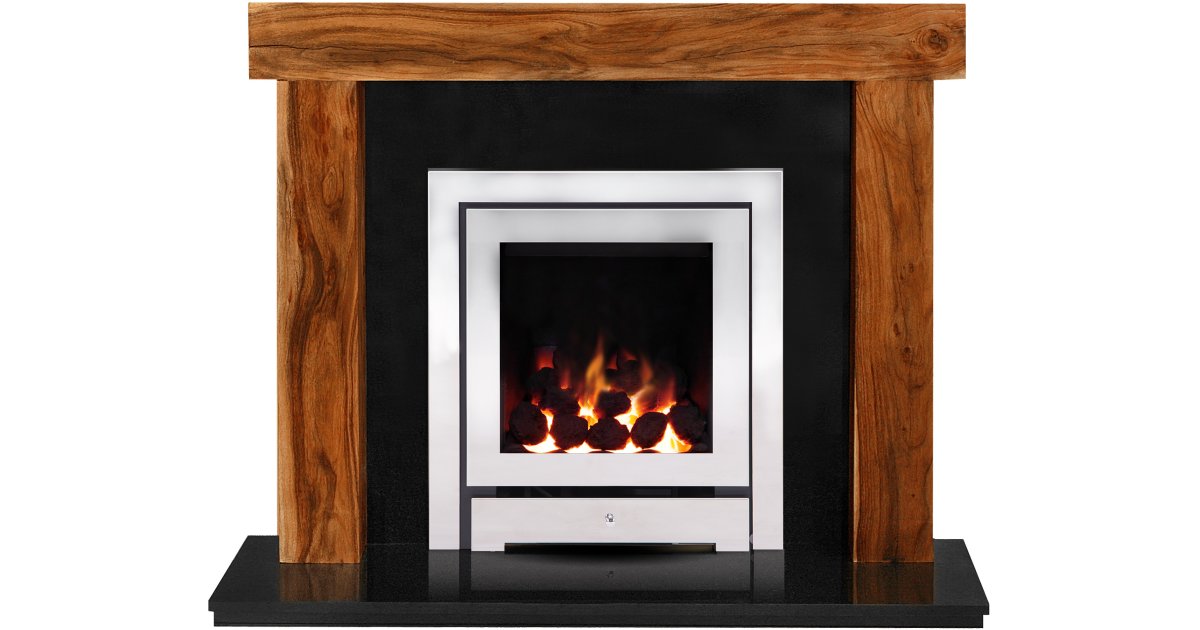 The Fenchurch in Acacia & Granite with Crystal Montana HE Gas Fire in Chrome 54 Inch the fenchurch in acacia & granite with crystal montana he gas fire in chrome 54 inch