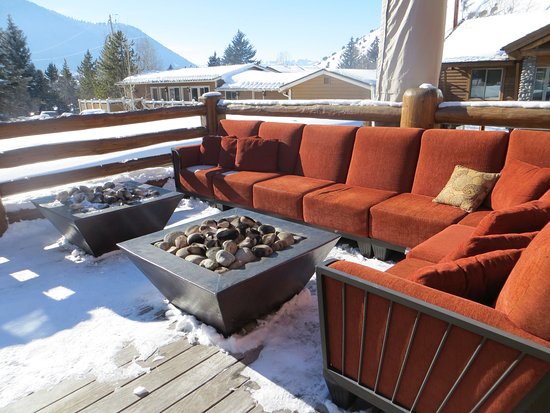 Outside deck with fire pits spa and mountain views outside deck with fire