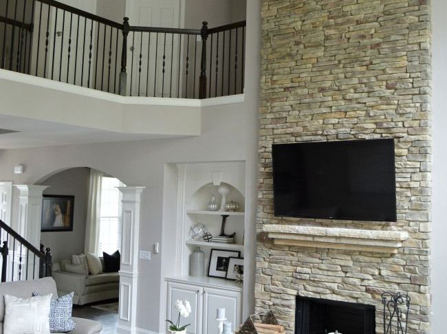 Living Room with Stone Fireplace Lovely Two Story Great Room Stacked Stone Fireplace