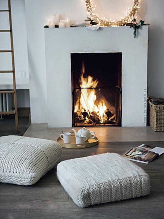 Modern White Fireplace Unique Knitted Cushions and Gorgeous Fireplace Home