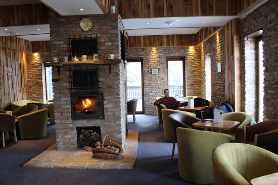 the lobby with fireplace
