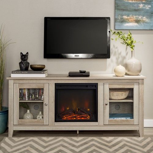 58 Wood Media TV Stand Console with Fireplace White Oak 0d68c d66f58c5f68ebae0fb828
