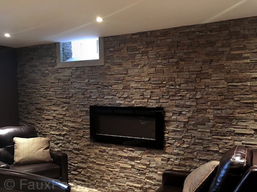 finished basement with square window and recessed lighting also stone fireplace ideas plus brown back leather recliners covering brick fireplace with stone veneer stacked stone fireplace surround cos 880x660