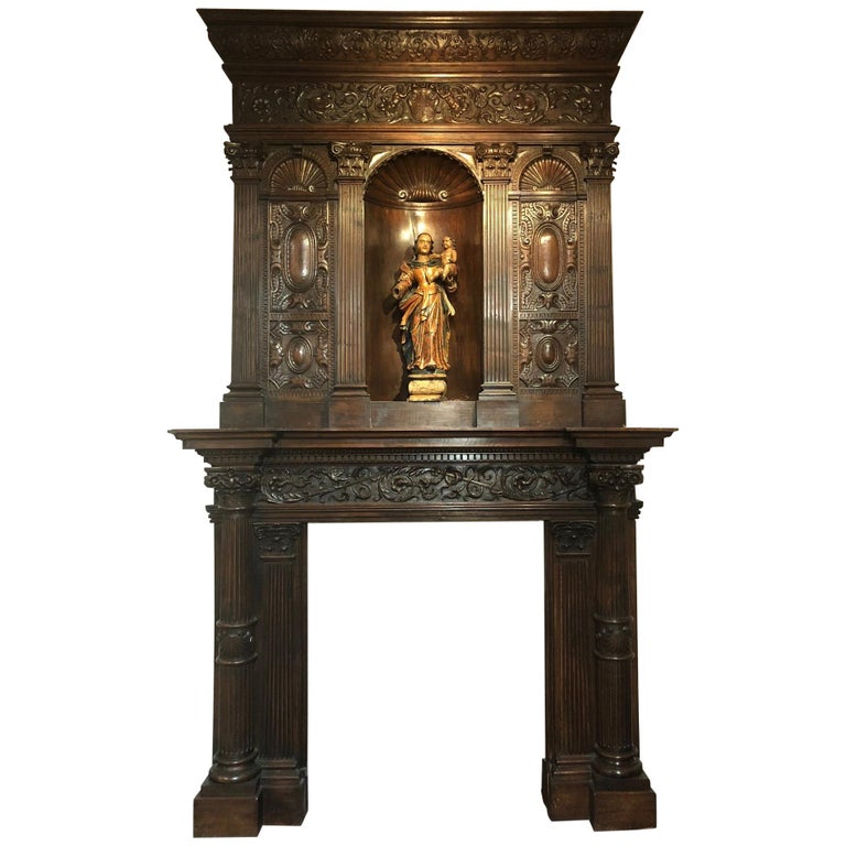 Hand Carved Renaissance Style Wood Mantel with Trumeau master