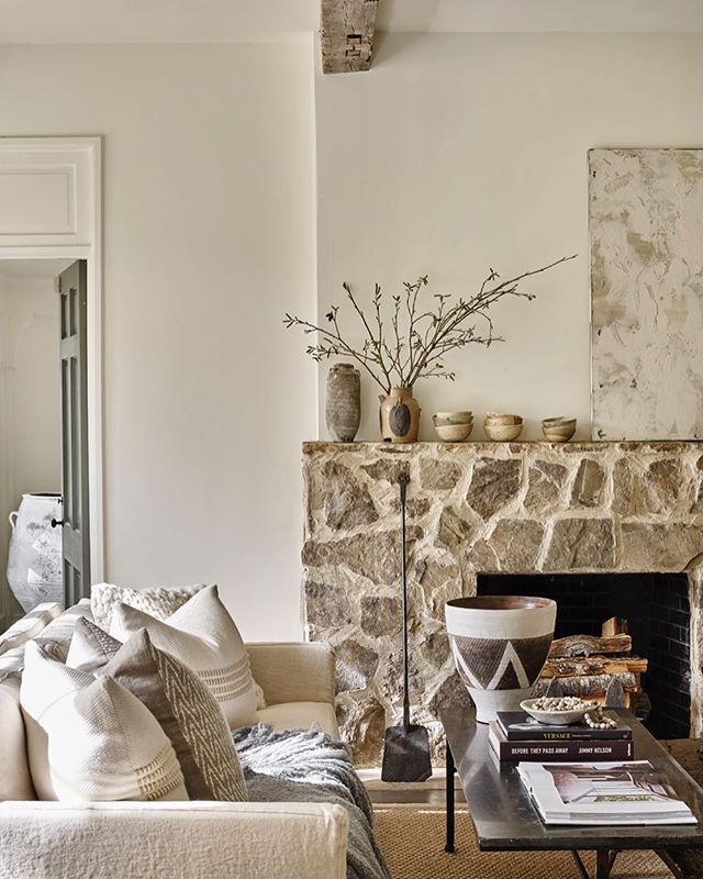 Whitewash Stone Fireplace Luxury Modern Rustic Farmhouse Living Room with A Neutral Color