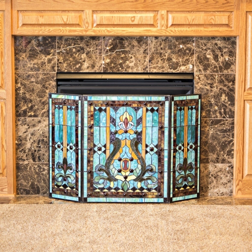 60 Inch Corner Tv Stand with Fireplace Beautiful 28"h Tiffany Style Stained Glass Fleur De Lis Fireplace Screen Green 44"w X 28"h