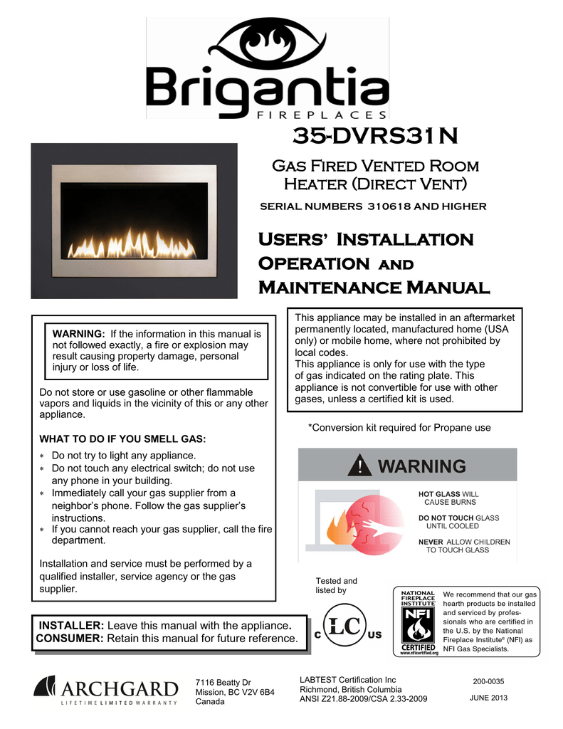 Archgard Fireplace Elegant Brigantia 35 Dvrs31n Specifications