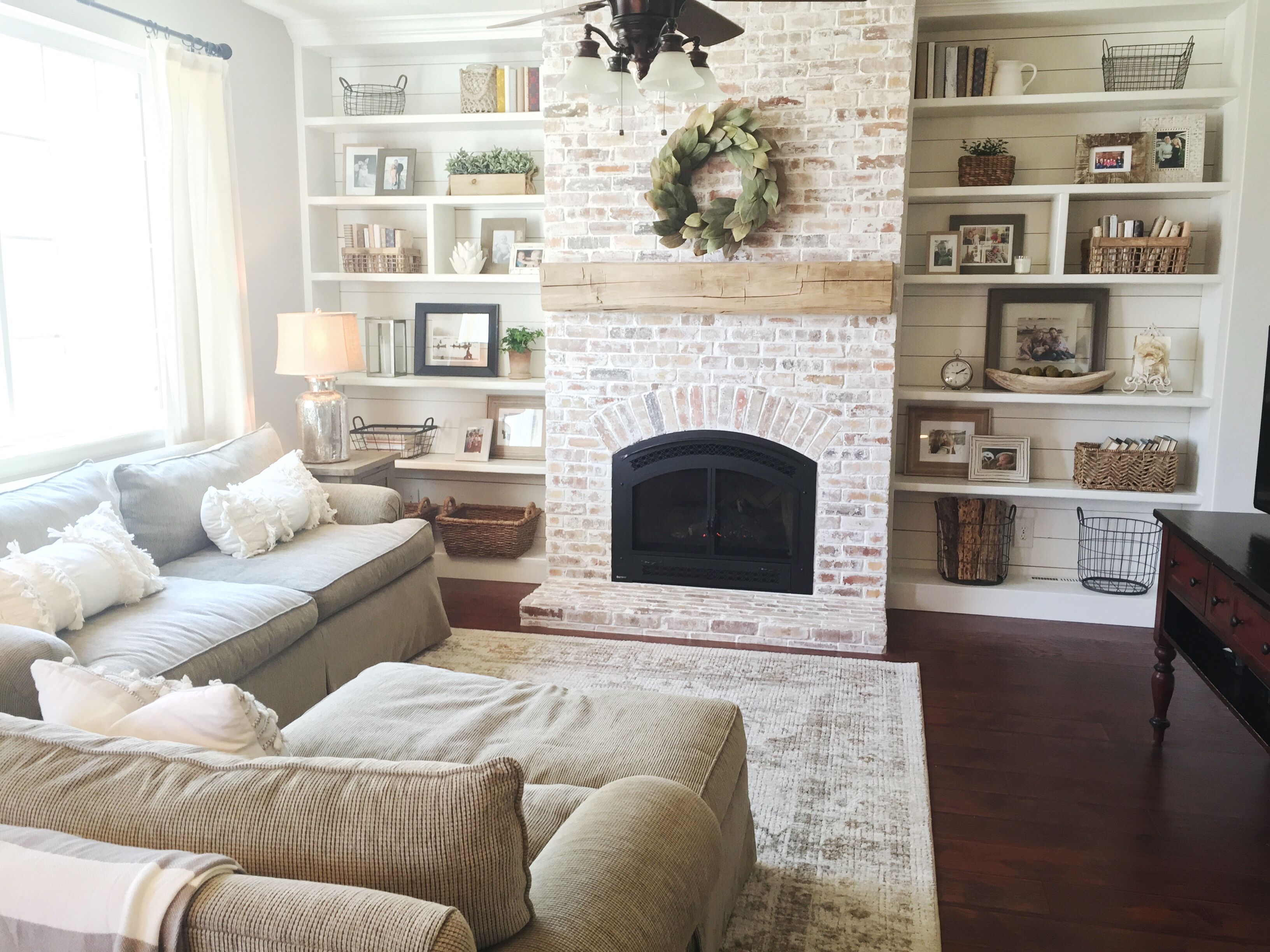 Awkward Living Room Layout with Corner Fireplace Lovely Built Ins Shiplap Whitewash Brick Fireplace Bookshelf