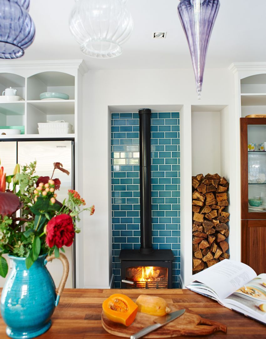 Blue Fireplace Tile Luxury White Modern Kitchen with Blue Tiled Alcove and Woodburning