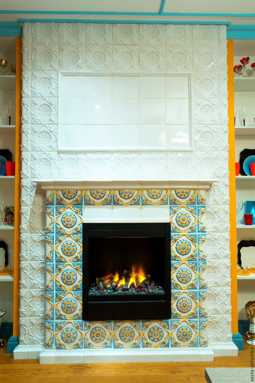 Blue Flame Fireplace Elegant Tiled Fireplace