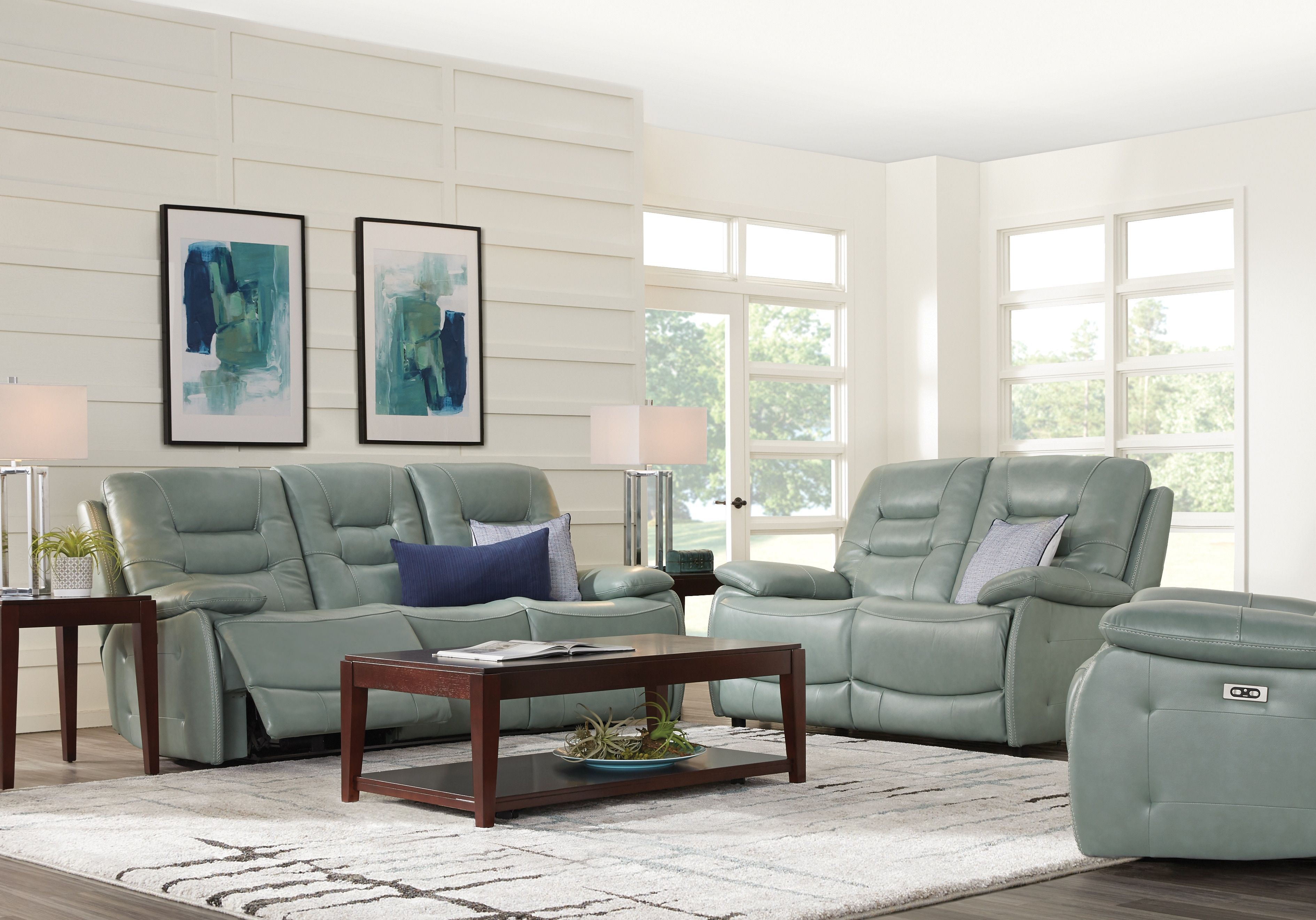 Bobs Fireplace New Carini Seafoam Leather 3 Pc Living Room with Reclining sofa
