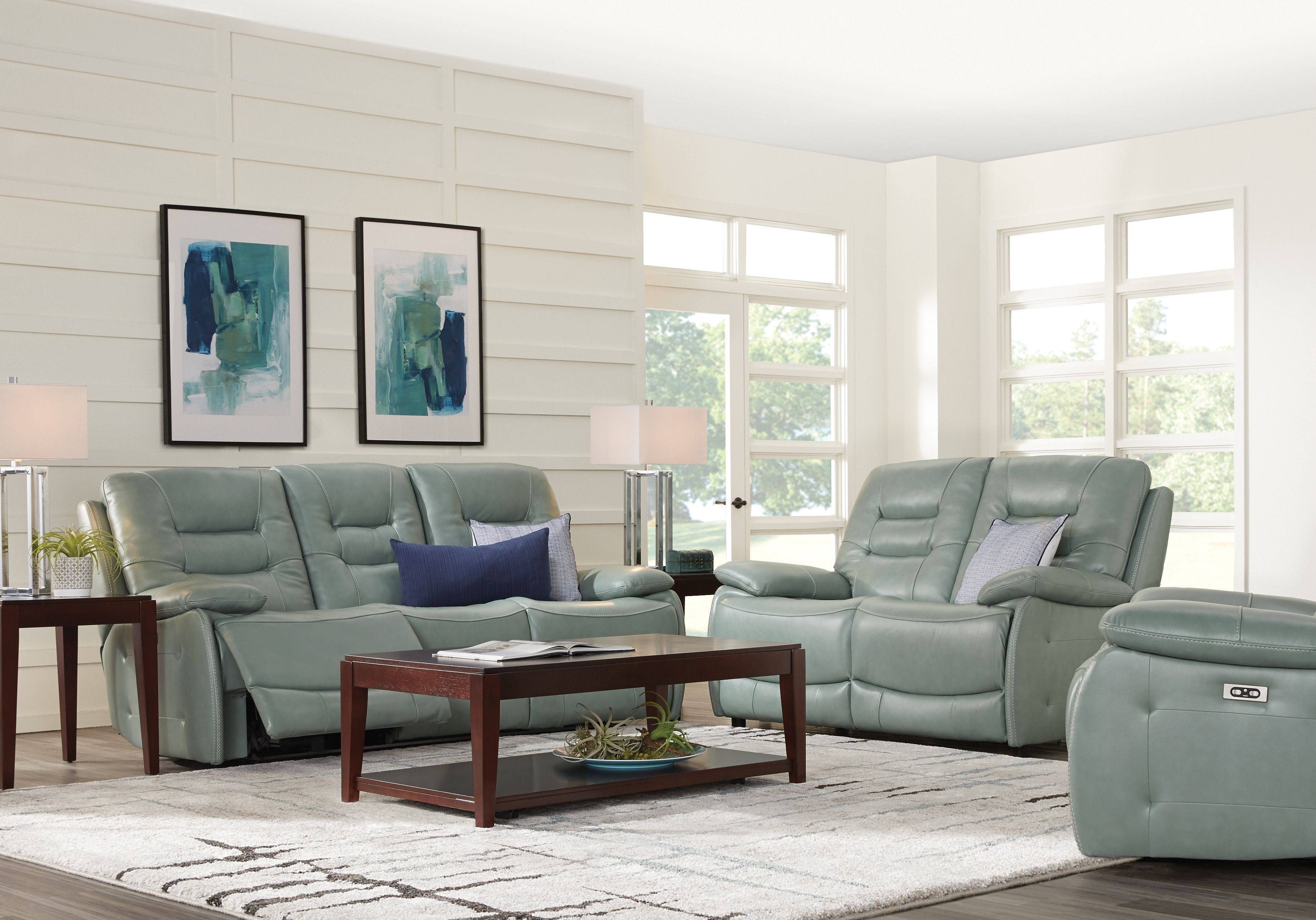Carini Seafoam Leather 3 Pc Living Room with Reclining Sofa 330d f473f d6ad ed74