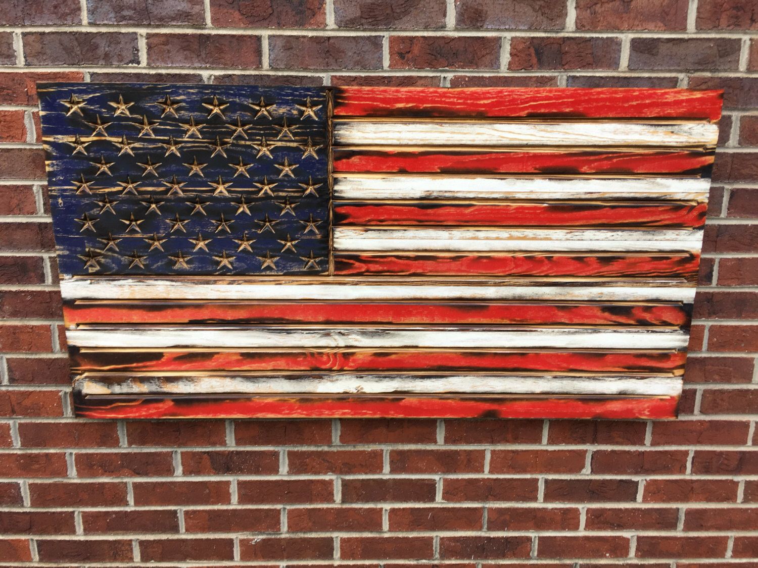 Bowden Fireplace Elegant Red White and Blue Engraved Wooden American Flag In 2019