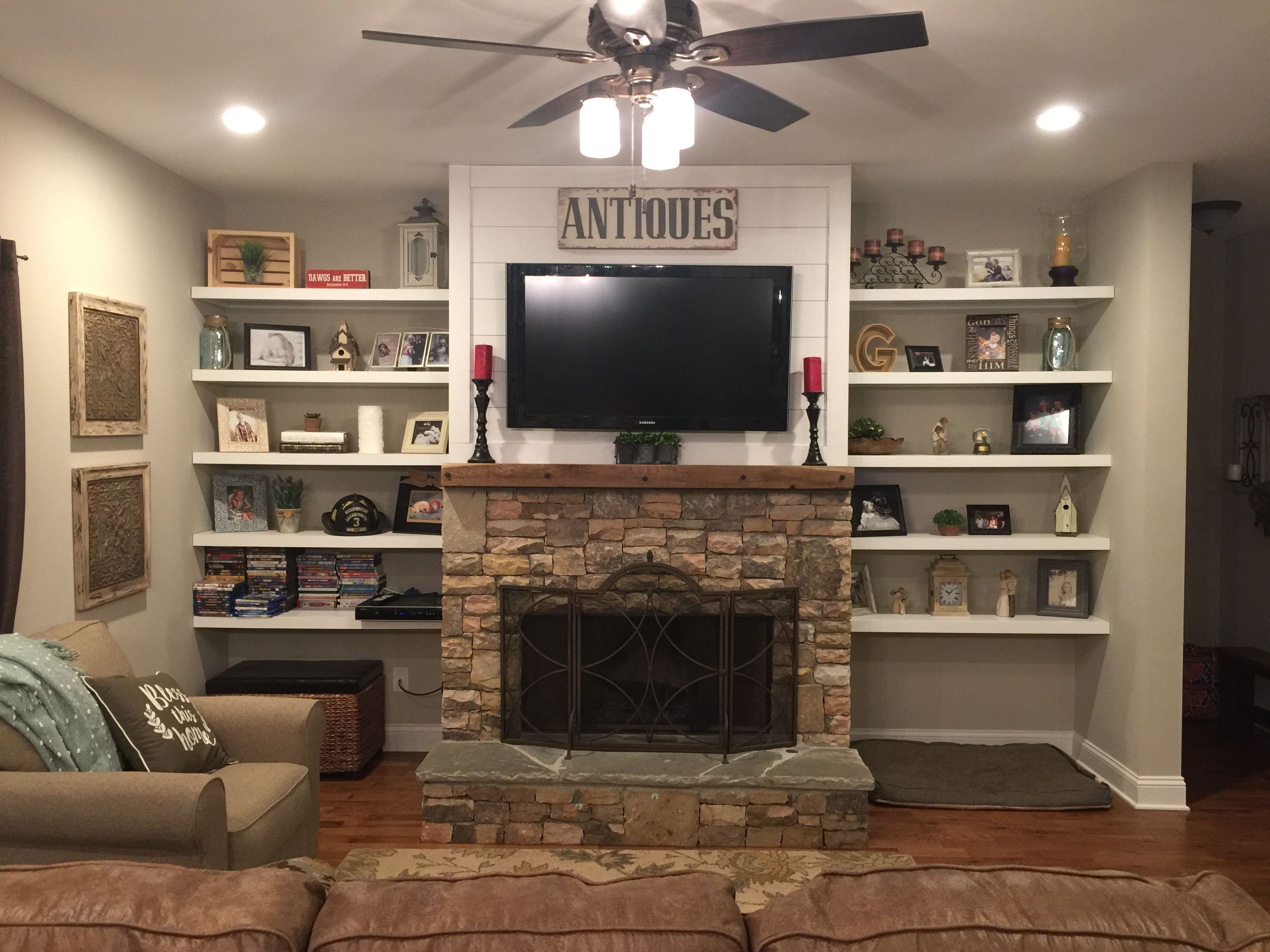 Built In Shelves Around Fireplace Luxury Stacked Rock Fireplace Barnwood Mantel Shiplap top with