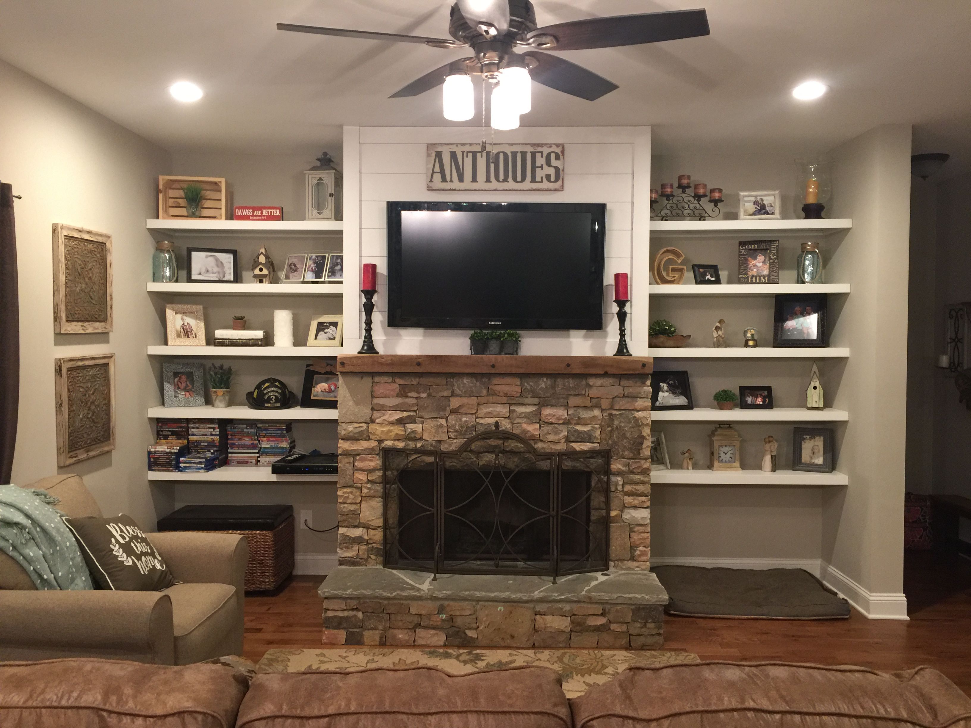 Built Ins Next to Fireplace Lovely Stacked Rock Fireplace Barnwood Mantel Shiplap top with