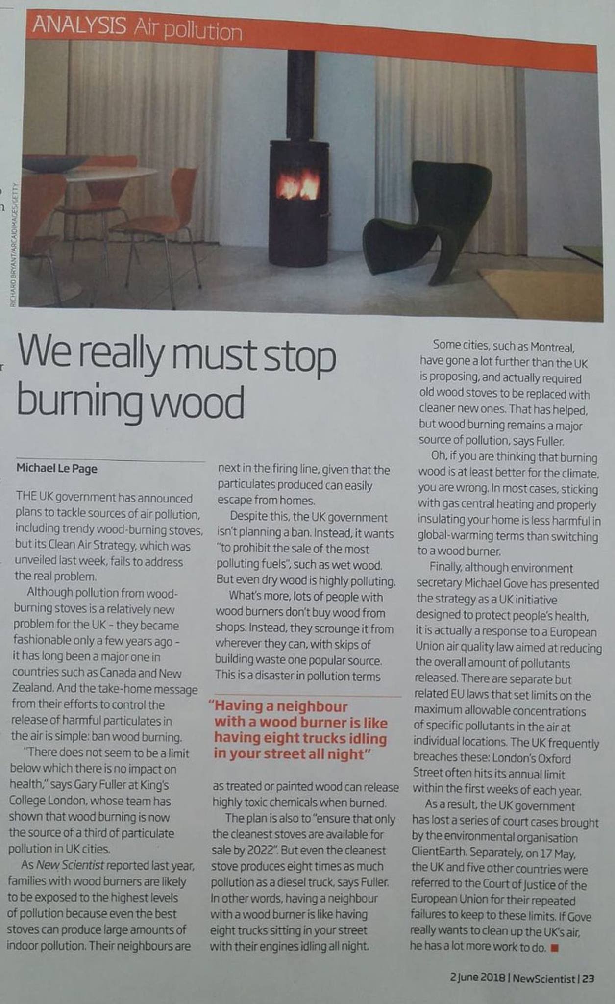 New Scientist June2018 LePage We really must stop burning wood