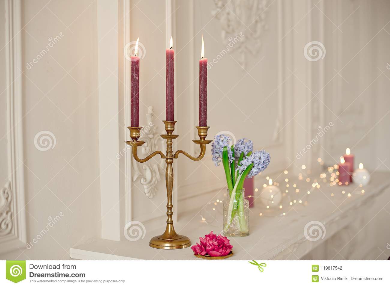 candlesticks fireplace white room baroque interior