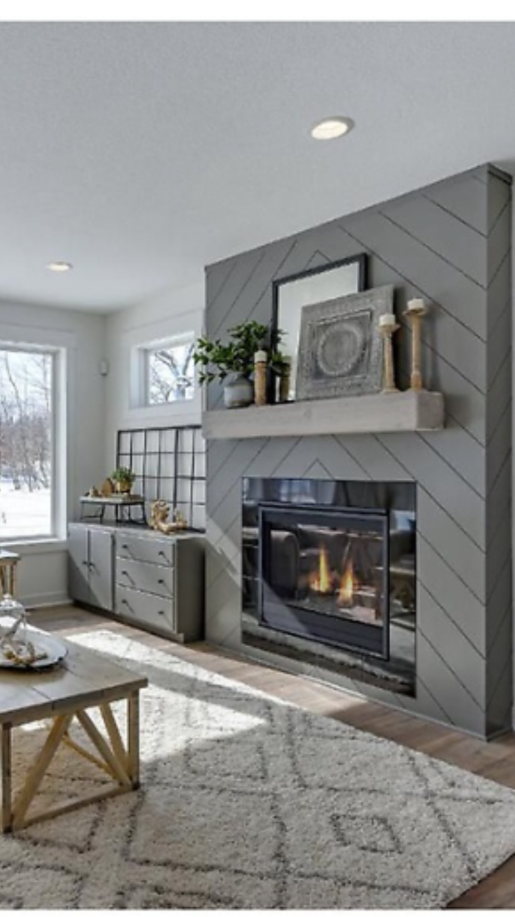 Future fireplace Love the herringbone shiplap on this 360d45c2a16bf0454fe bd2a