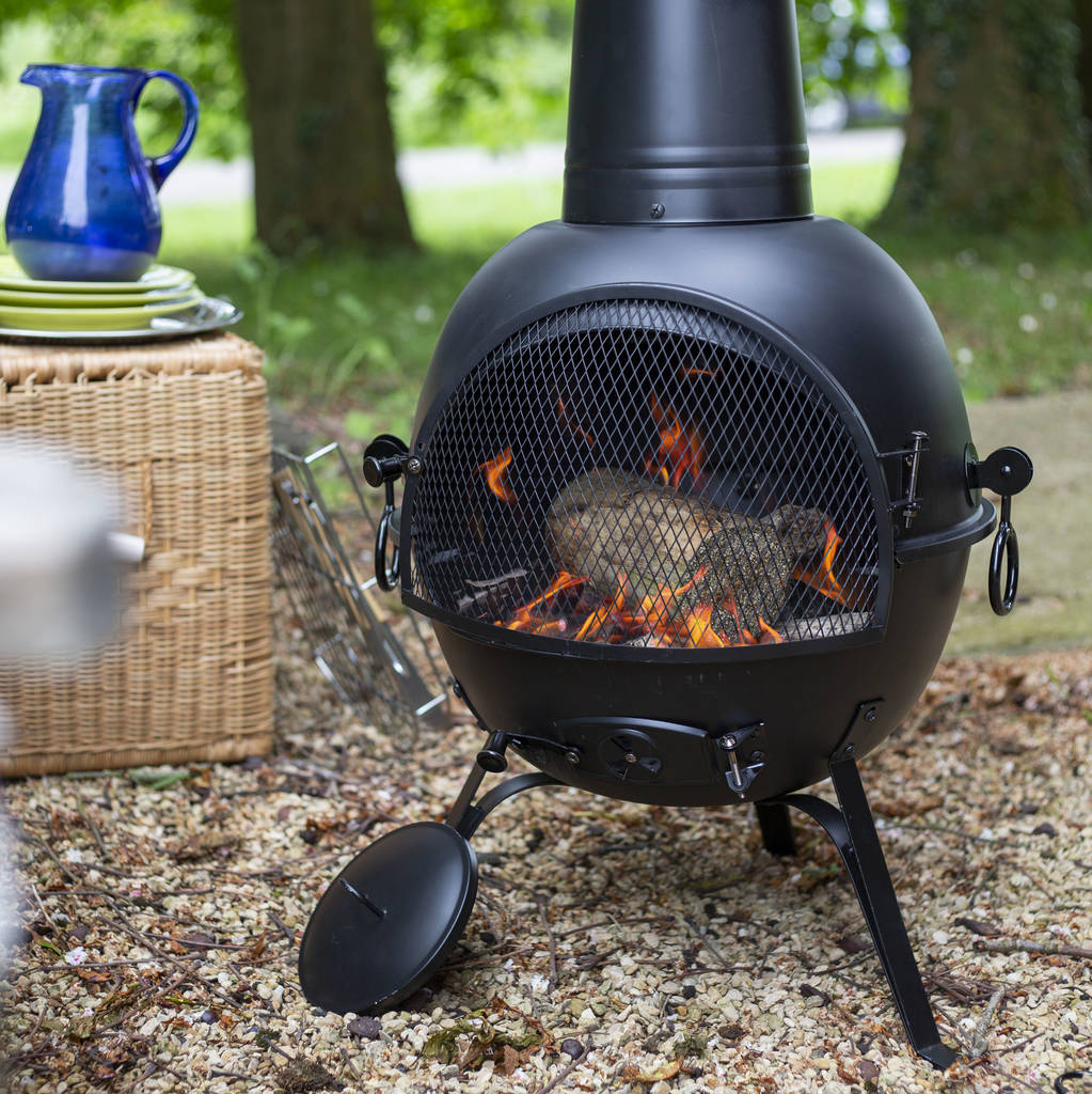 Chiminea Clay Outdoor Fireplace Unique Black Steel Extra Chiminea with Gril...