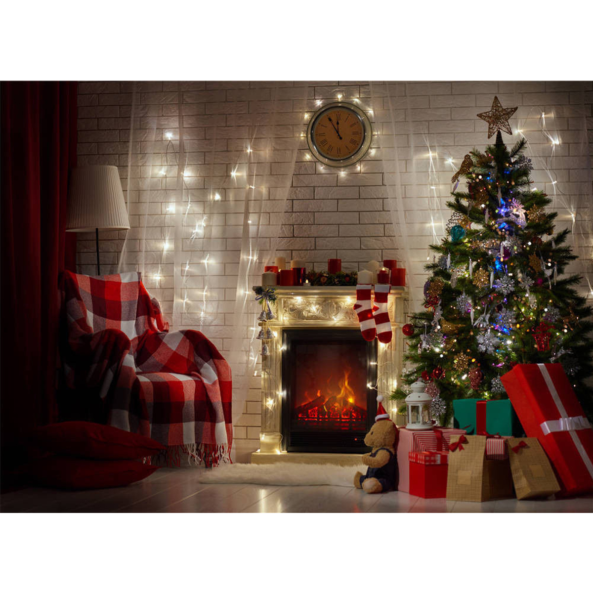 Christmas Fireplace Luxury 7x5ft Red Christmas Tree Gift Chair Fireplace Graphy Backdrop Studio Prop Background