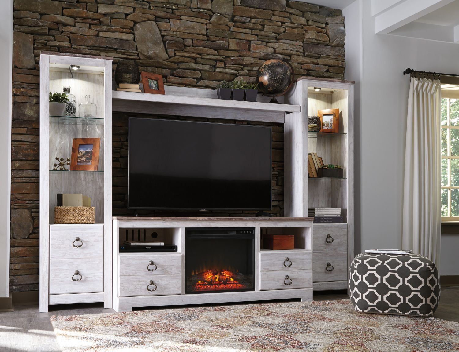 entertainment center with fireplace and bluetooth soundbar for 75 inch tv