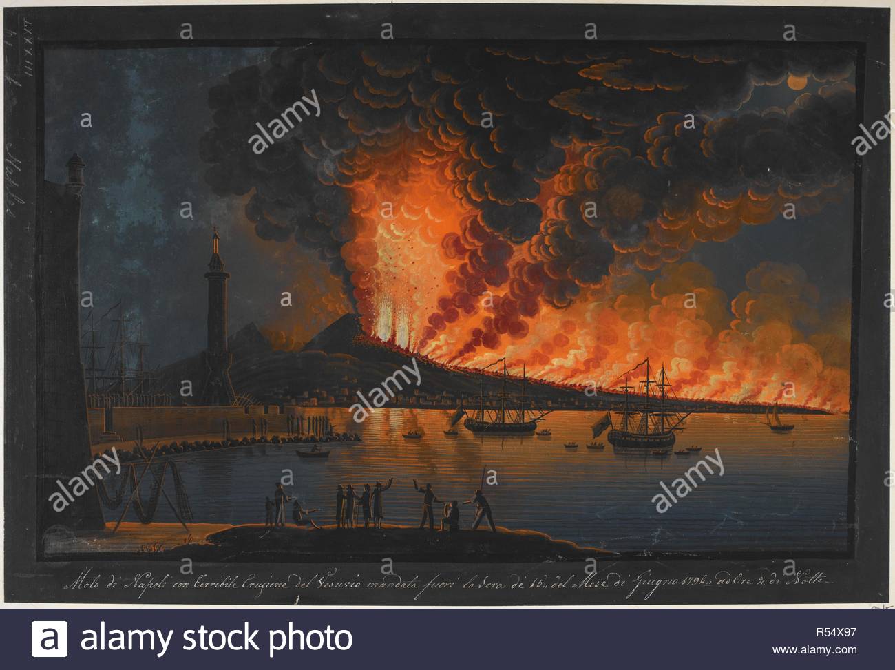 a nocturnal scene a group of men watch the eruption of mount vesuvius from a pier next to a tower with a harbour and a lighthouse on the left sailing ships and the bay of naples on the right and flames and clouds of smoke from the volcano covering the sky in the background molo di napoli con terribile eruzione del vesuvio mandata fuori la sera de 15 del mese di giugno 1794 ad ore 2 di notte 1794 gouache source maps ktop8361k language italian R54X97