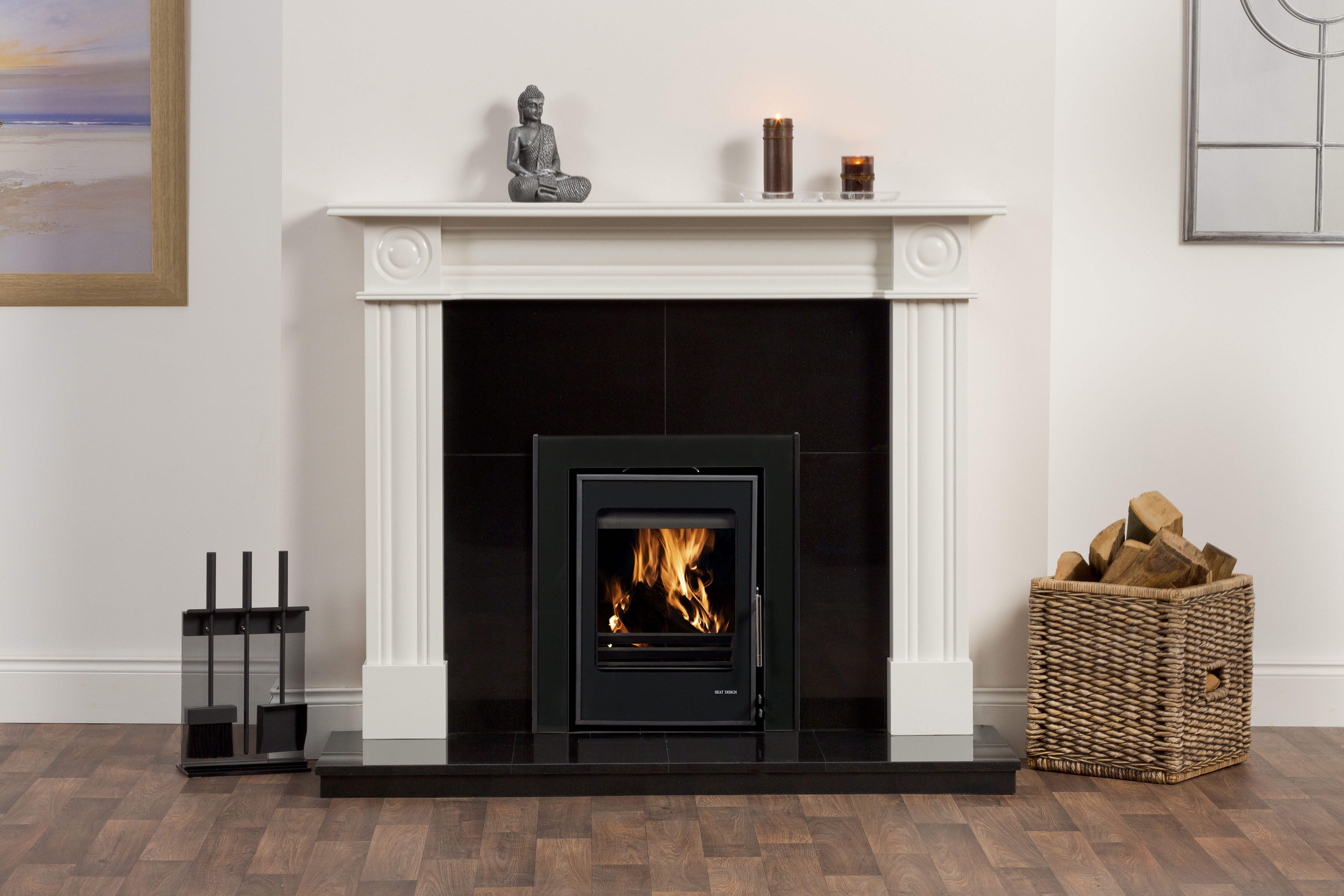 Fireplace and Granite Elegant Regent Pearla White Surround Pictured with A Black Granite