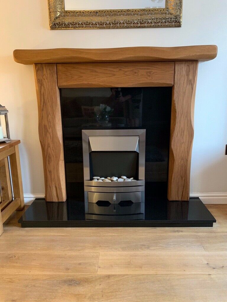 Fireplace Backing Elegant Traditional Rustic Oak Fire Surround with Electric Fire In Pontypool torfaen