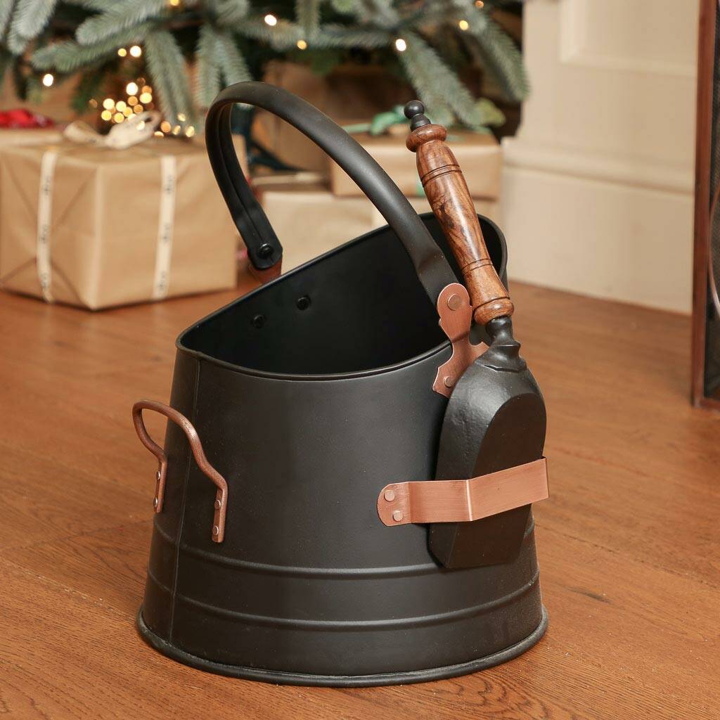 original copper fireside fuel bucket with shovel