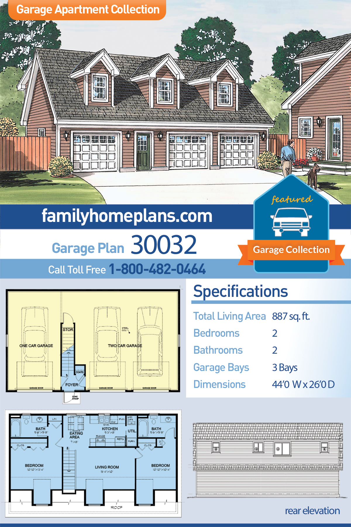 Saltbox Style 3 Car Garage Apartment Plan Number with 2 Bed 2 Bath