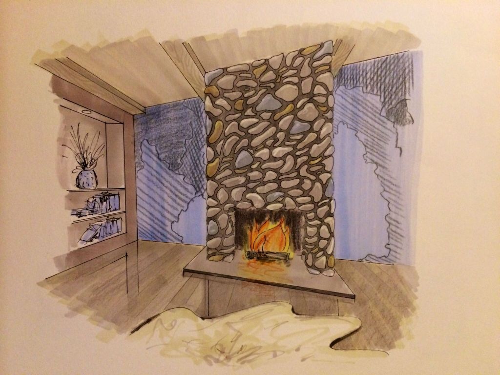 Fireplace Drawing Luxury Interior Design Hand Rendering