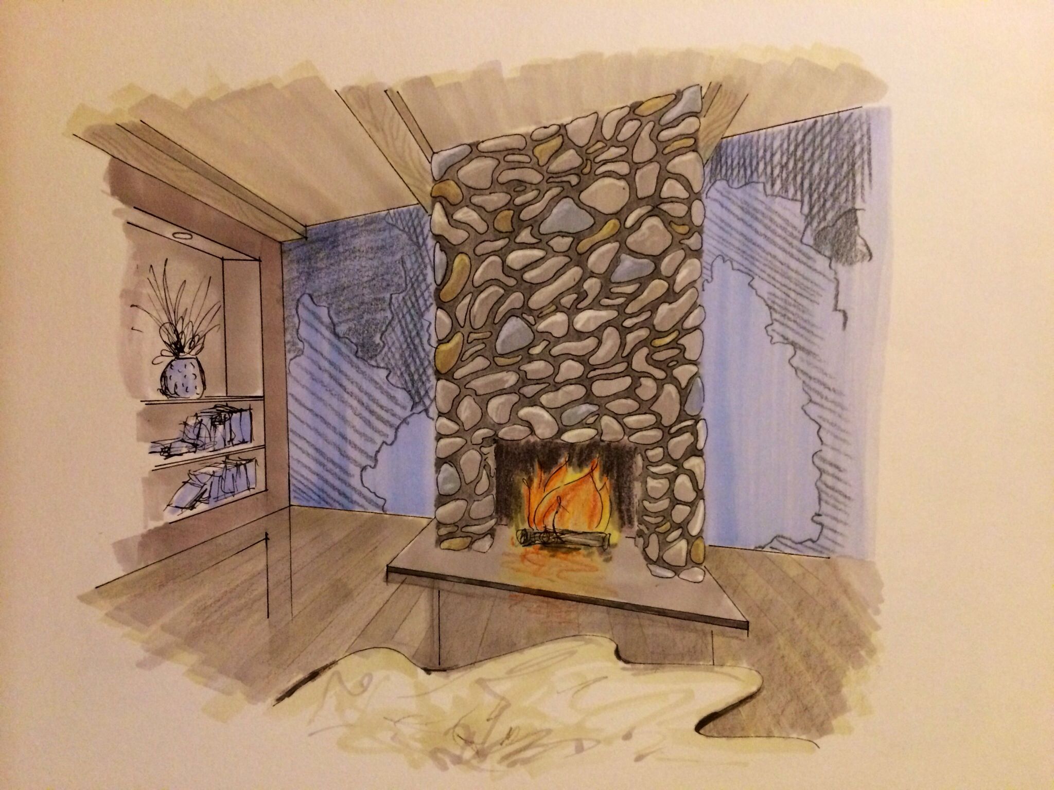 Fireplace Drawing Luxury Interior Design Hand Rendering Markers Colored Pencils