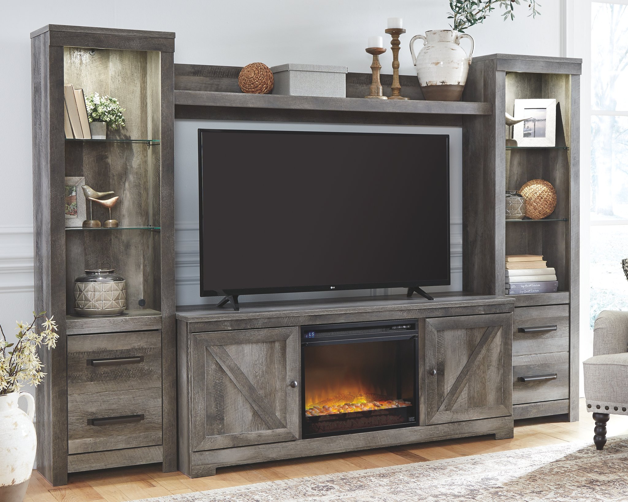 entertainment center with fireplace and barn doors home depot menards